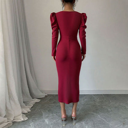 Damen Midi-Kleid Puffärmel Raffiierter Schlitz Norvielle