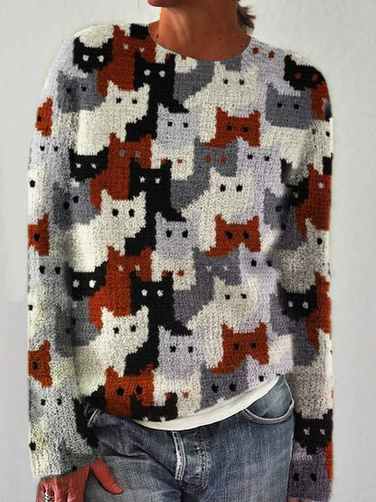 Damen Strickpullover Katzenmuster Norvielle