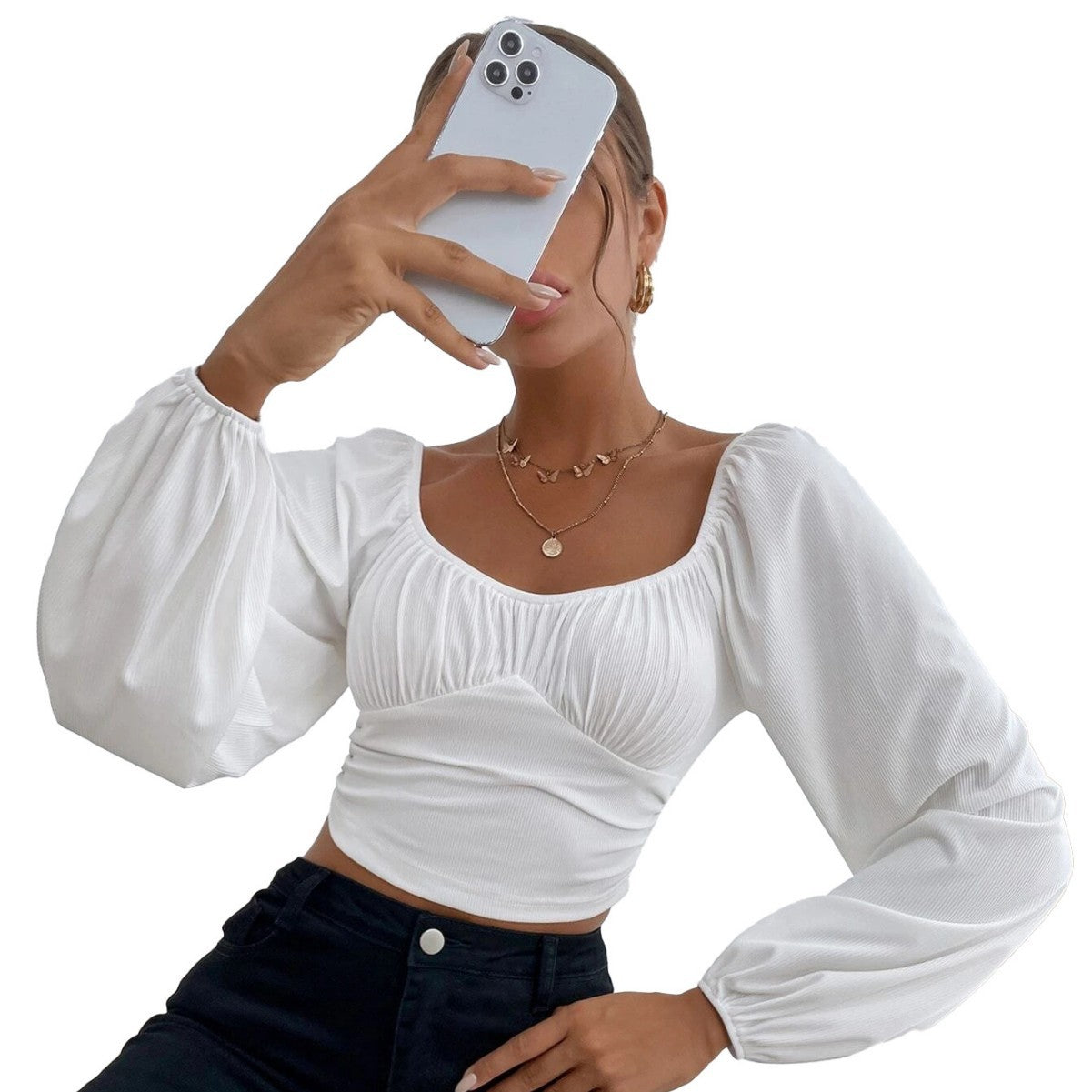 Damen Cropped Oberteil Puffärmel Figurbetonter Stil