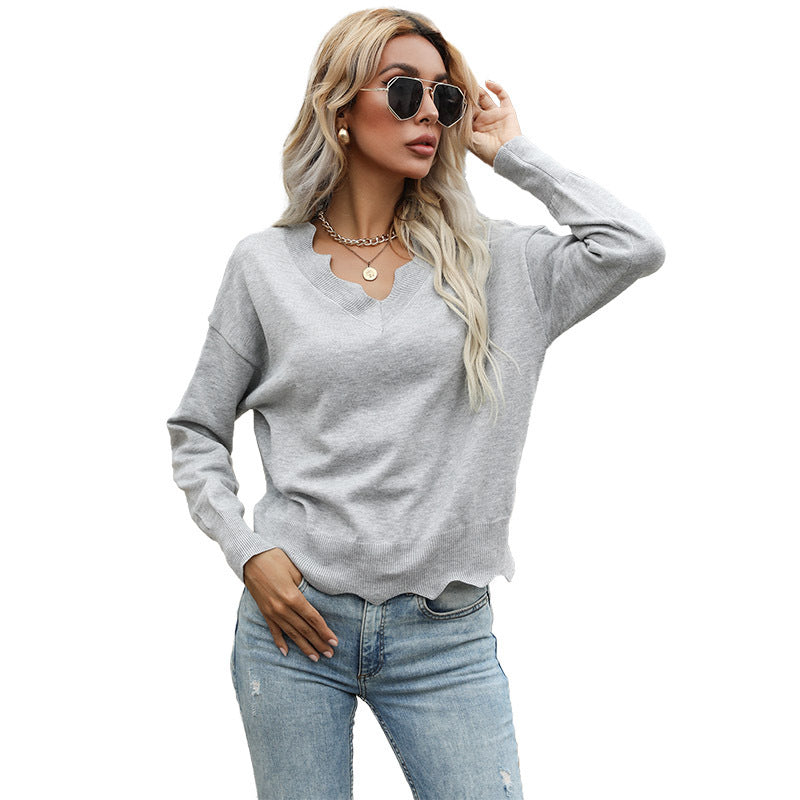 Damen Pullover Weich Asymmetrischer V-Ausschnitt Beige