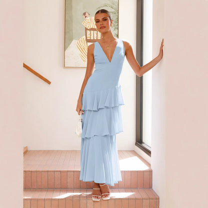 Damen Maxikleid Asymmetrischer Volant V-Ausschnitt Norvielle