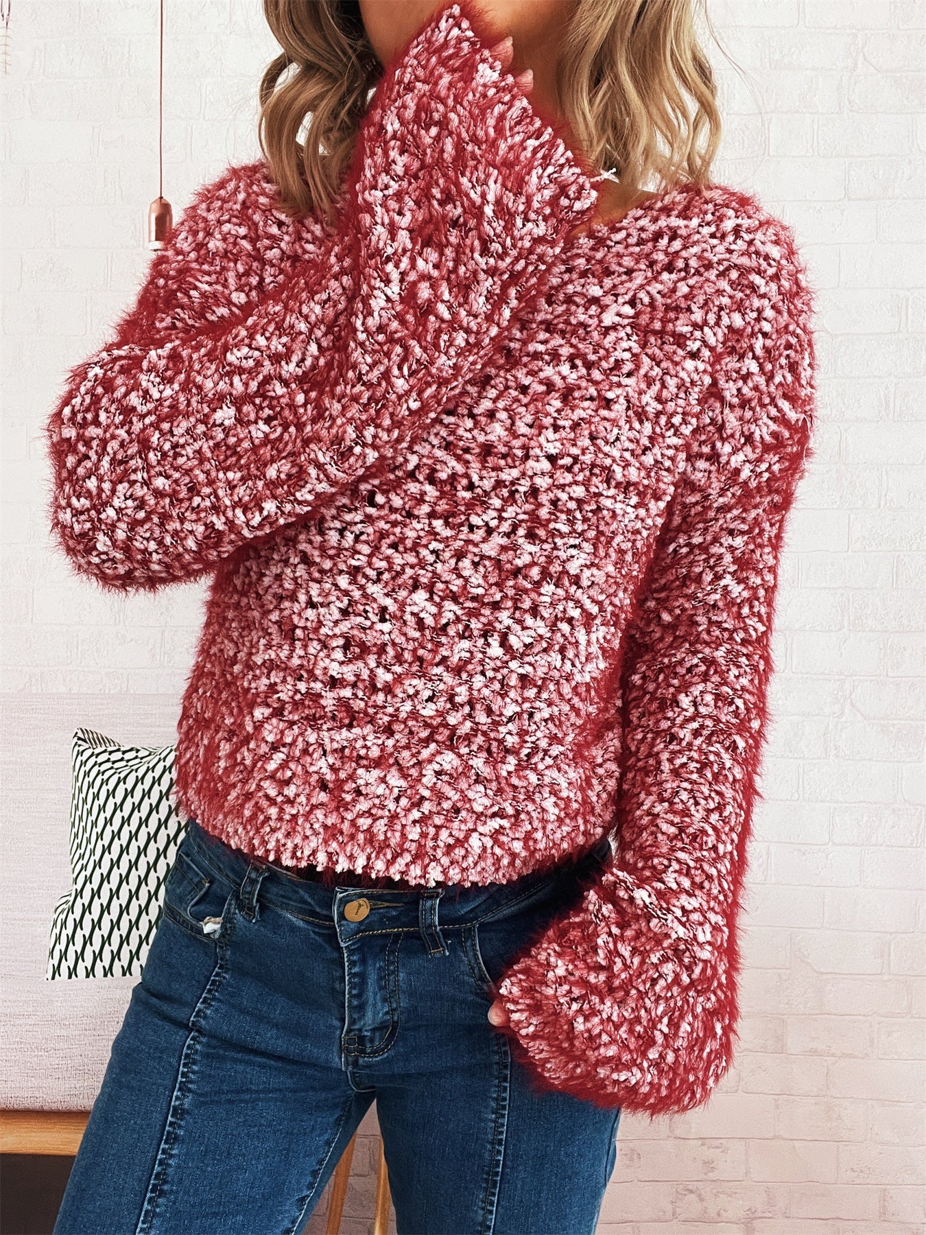 Damen Strickpullover Kuschelig Struktur Norvielle Weite Ärmel