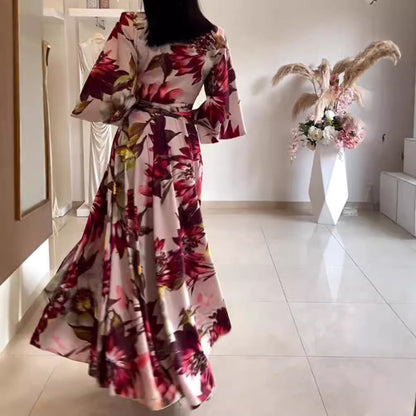 Damen Blumenkleid Tailliert Gürtel Weite Ärmel Norvielle