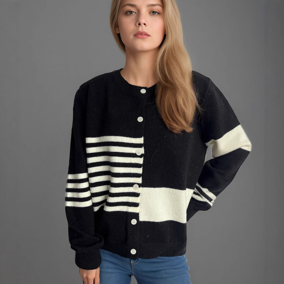 Damen Strickjacke Kontraststreifen Elegante Knöpfe Norvielle