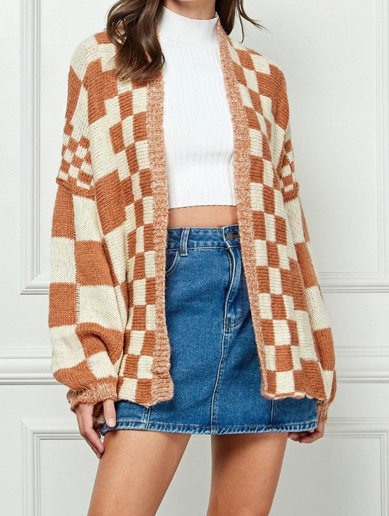 Damen Strickjacke Karomuster Weite Ärmel Beige