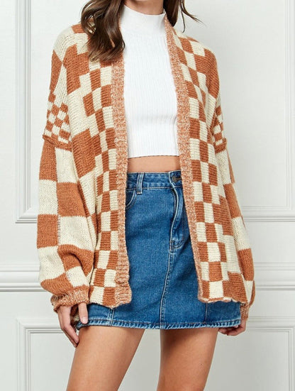 Damen Strickjacke Karomuster Weite Ärmel Beige