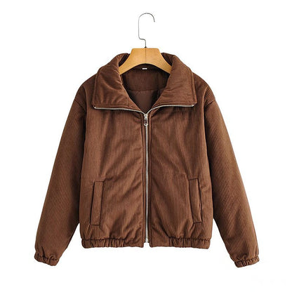 Damen Cordjacke Elastische Bündchen Hochkragen Beige