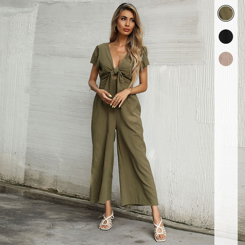 Damen Jumpsuit Hochgeschlossen Knoten-Detail Elegant Schwarz - Norvielle