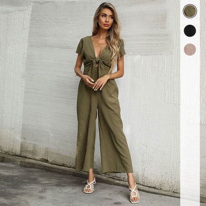 Damen Jumpsuit Hochgeschlossen Knoten-Detail Elegant Schwarz - Norvielle