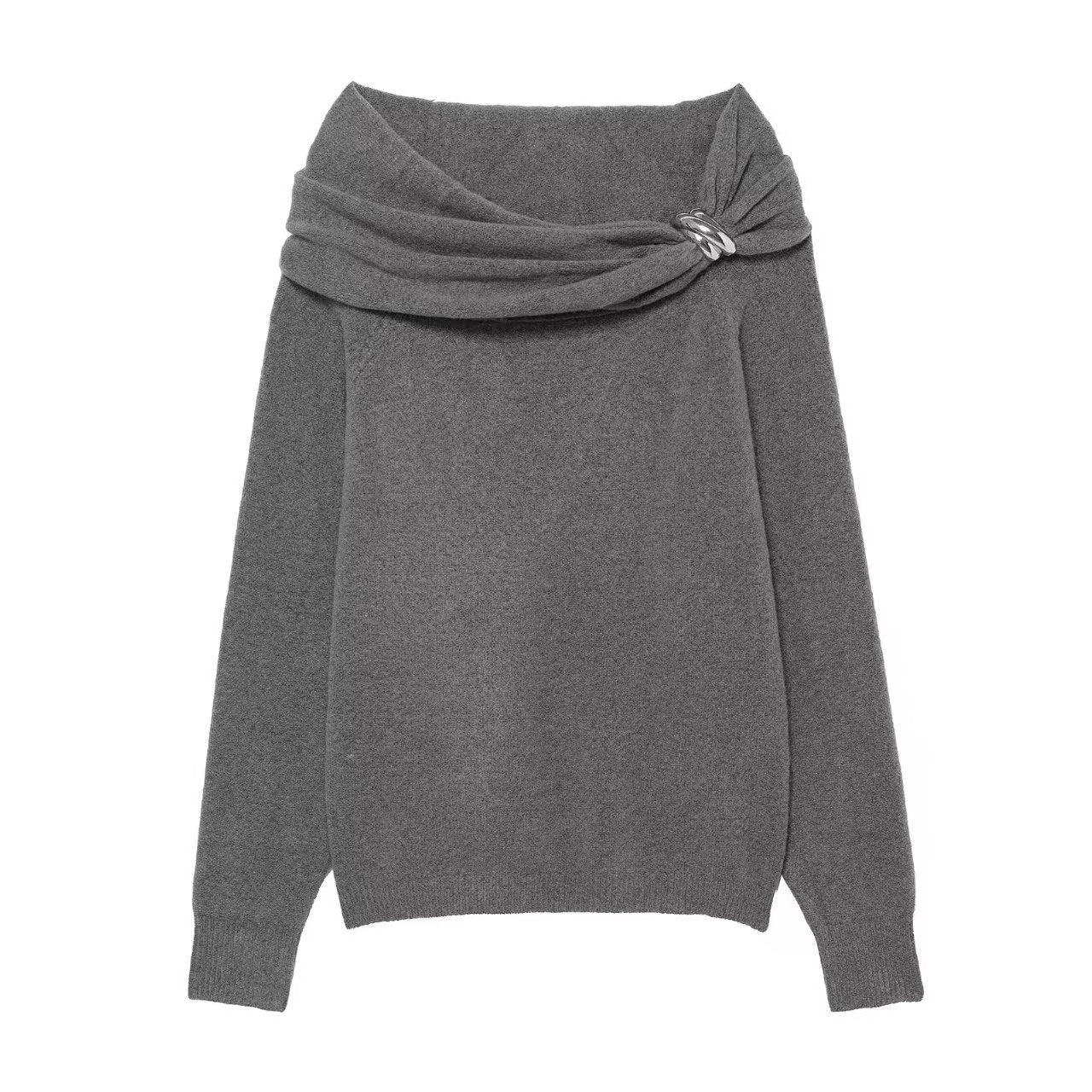 Damen Pullover Asymmetrischer Schalkragen Dekorativer Verschluss