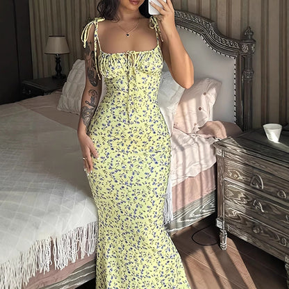 Damen Maxikleid Blumenmuster Figurbetont Spaghetti-Träger