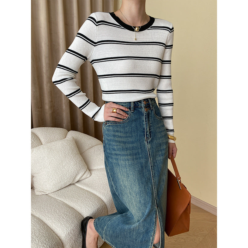 Damen Langarmshirt Streifenmuster Rippstruktur Norvielle