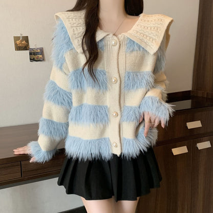 Damen Strickjacke Geflochtener Kragen Kunstfell Applikationen