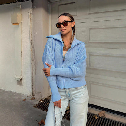 Damen Oversized Strickjacke Norvielle Hochkragen Reißverschluss