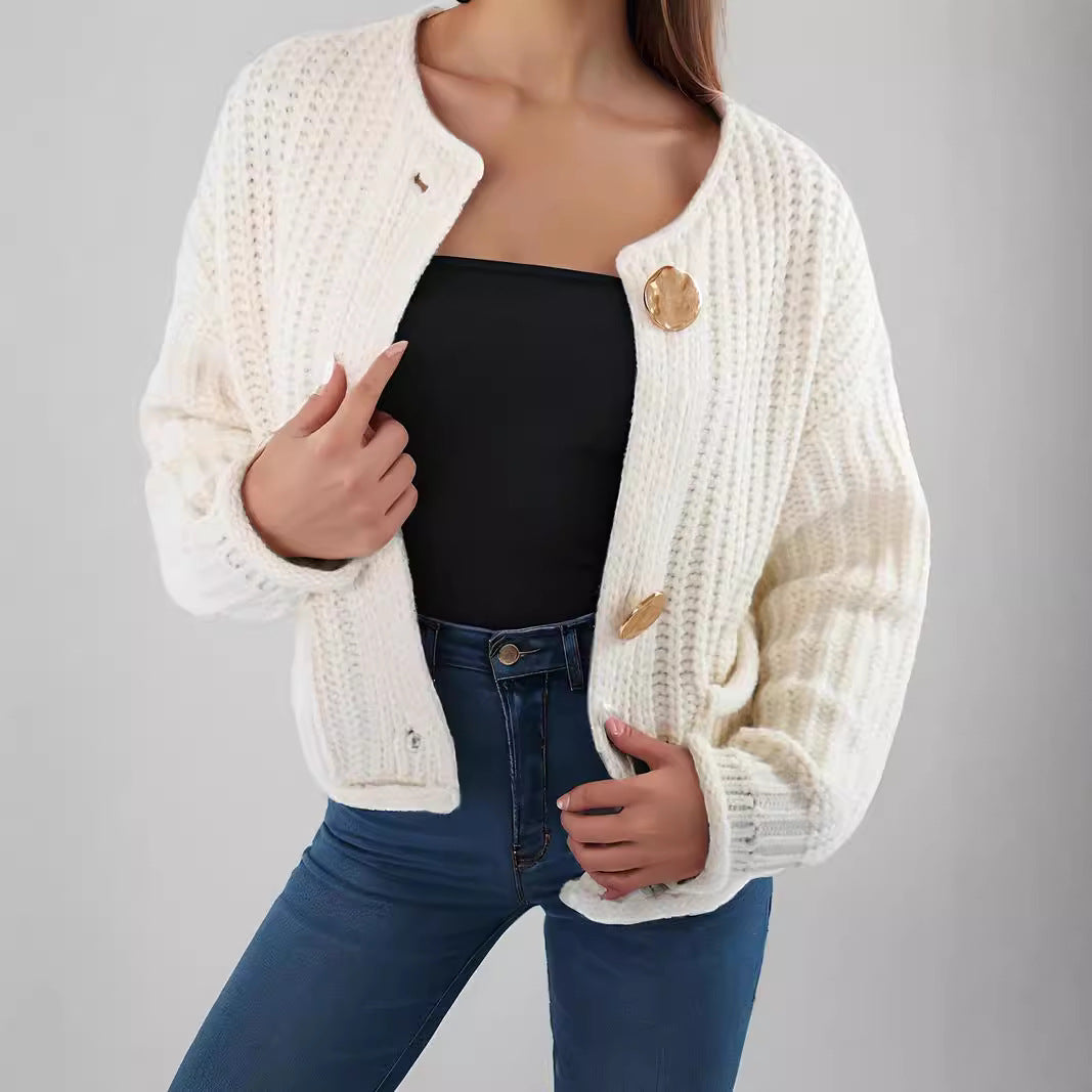 Damen Strickjacke Kuschelig Große Knöpfe Beige