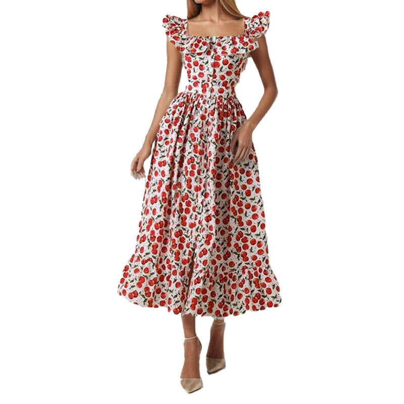Damen Maxikleid Rüschen Floralmuster