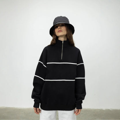 Damen Oversized Kapuzenpullover Streifenmuster Reißverschluss