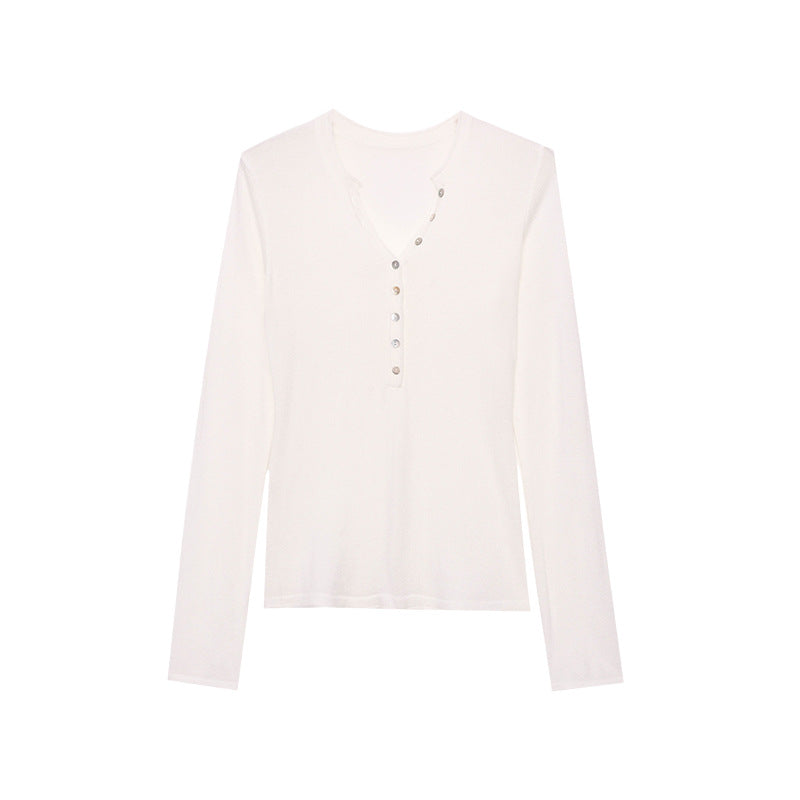 Damen Langarmshirt V-Ausschnitt Dekorative Knöpfe Norvielle