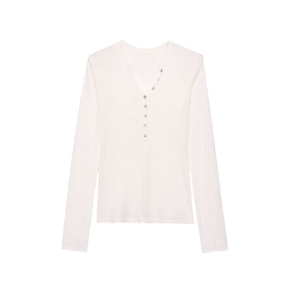 Damen Langarmshirt V-Ausschnitt Dekorative Knöpfe Norvielle