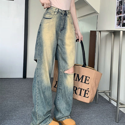Damen Weite Denim-Hose Asymmetrische Knöpfe