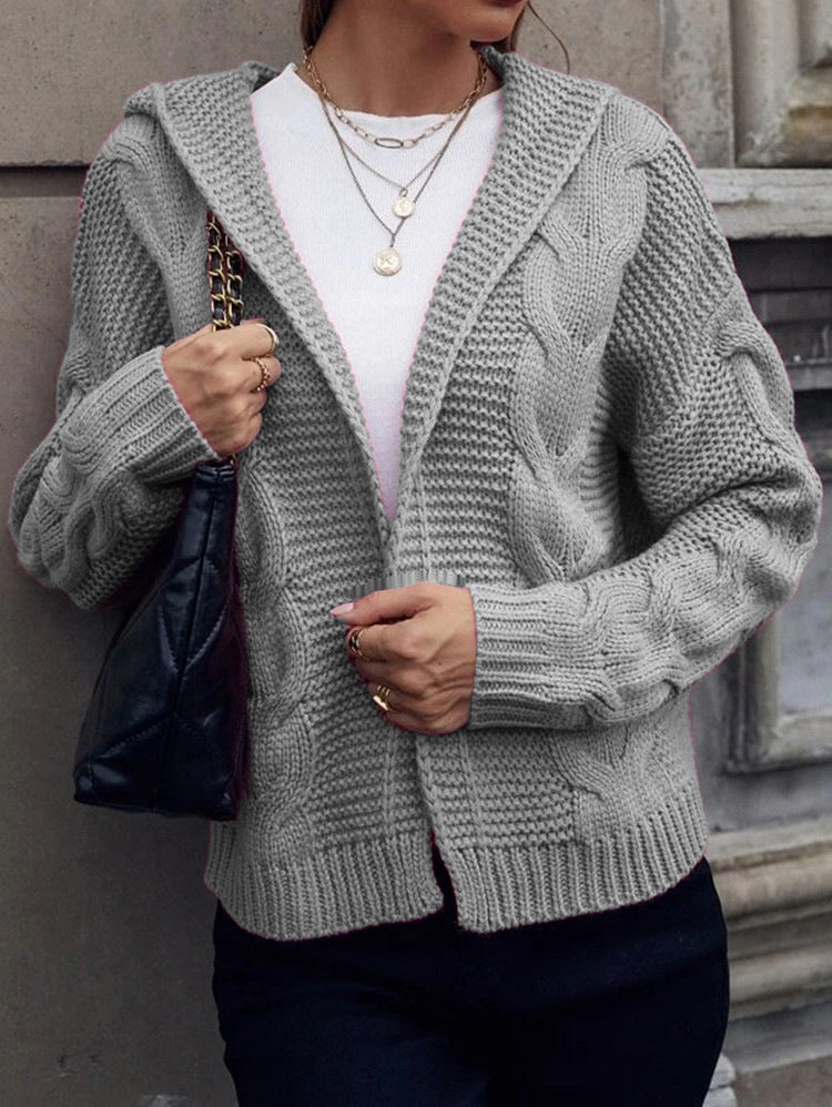 Damen Grobstrick-Cardigan mit Kapuze und Zopfmuster