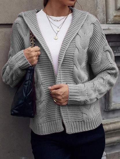Damen Grobstrick-Cardigan mit Kapuze und Zopfmuster