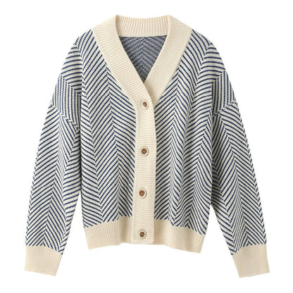 Damen Strickjacke Chevron Muster Knopfverschluss Norvielle