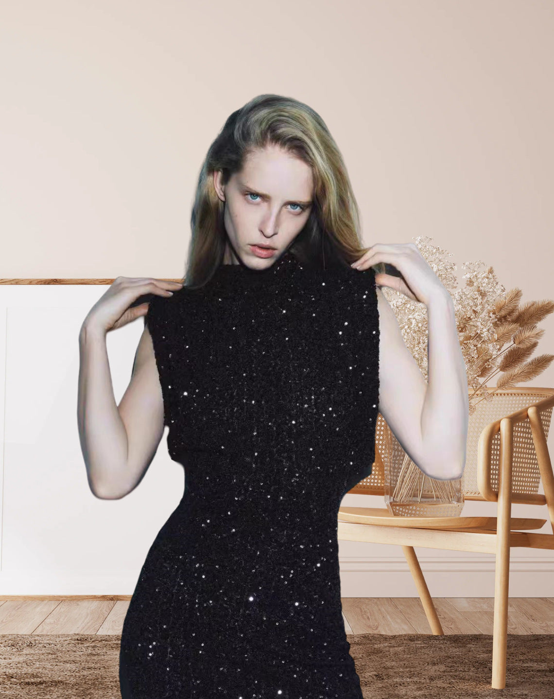 Damen Cocktailkleid Pailletten Hochgeschlossener Stehkragen Norvielle