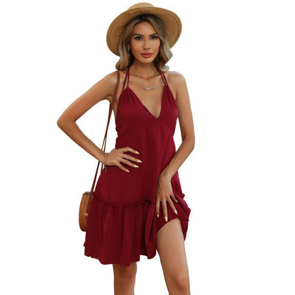 Damen Sommerkleid Luftig Rüschen Spaghettiträger Norvielle