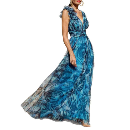 Damen Maxikleid aus Chiffon mit Rüschendetails blickdicht