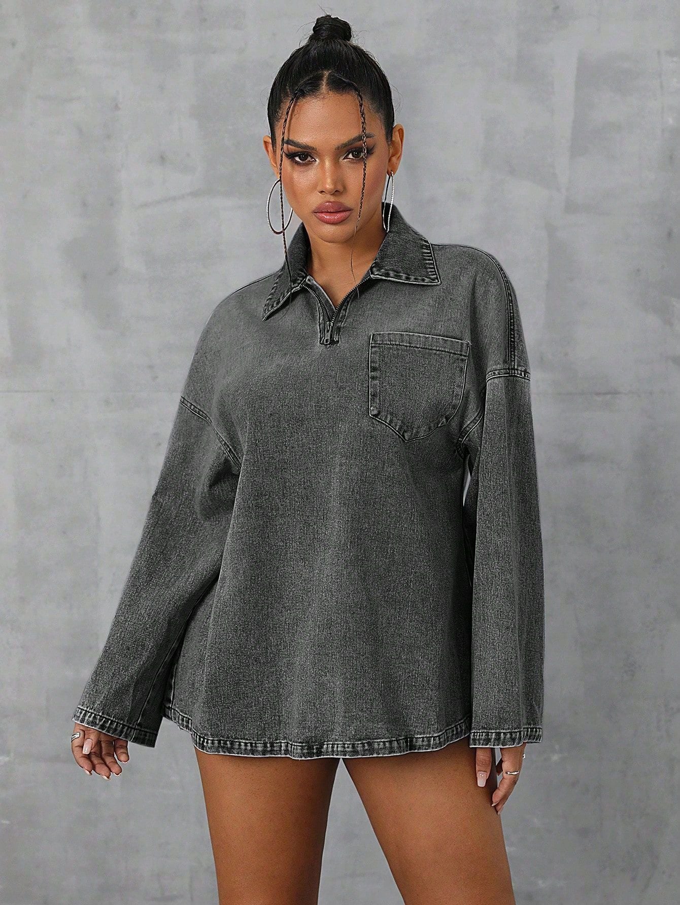 Damen Oversized Denimbluse Lässiger Kragen