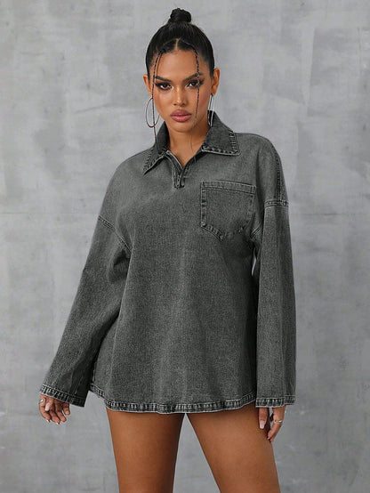 Damen Oversized Denimbluse Lässiger Kragen