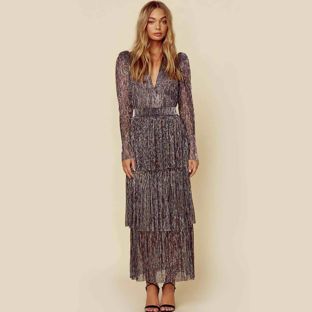 Damen Faltenkleid V-Ausschnitt Schimmer Norvielle - Norvielle