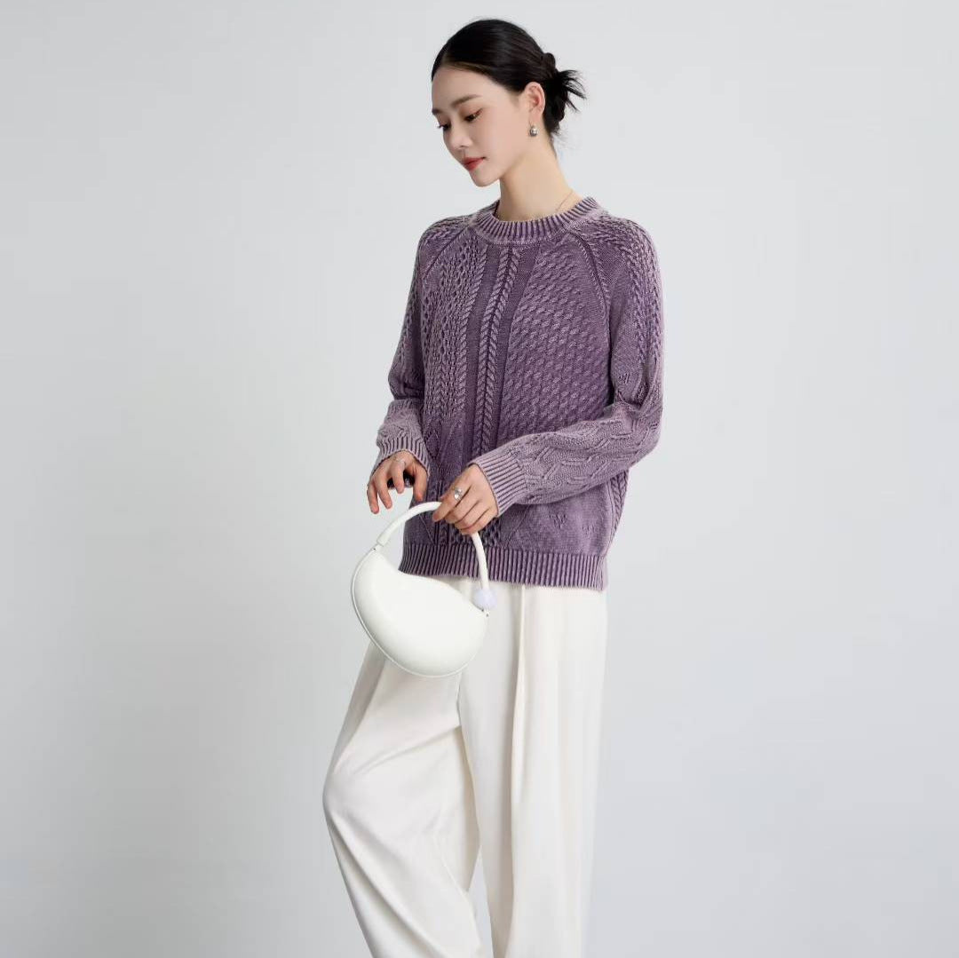 Damen Pullover Strukturiertes Zopf-Design Rundhals Norvielle
