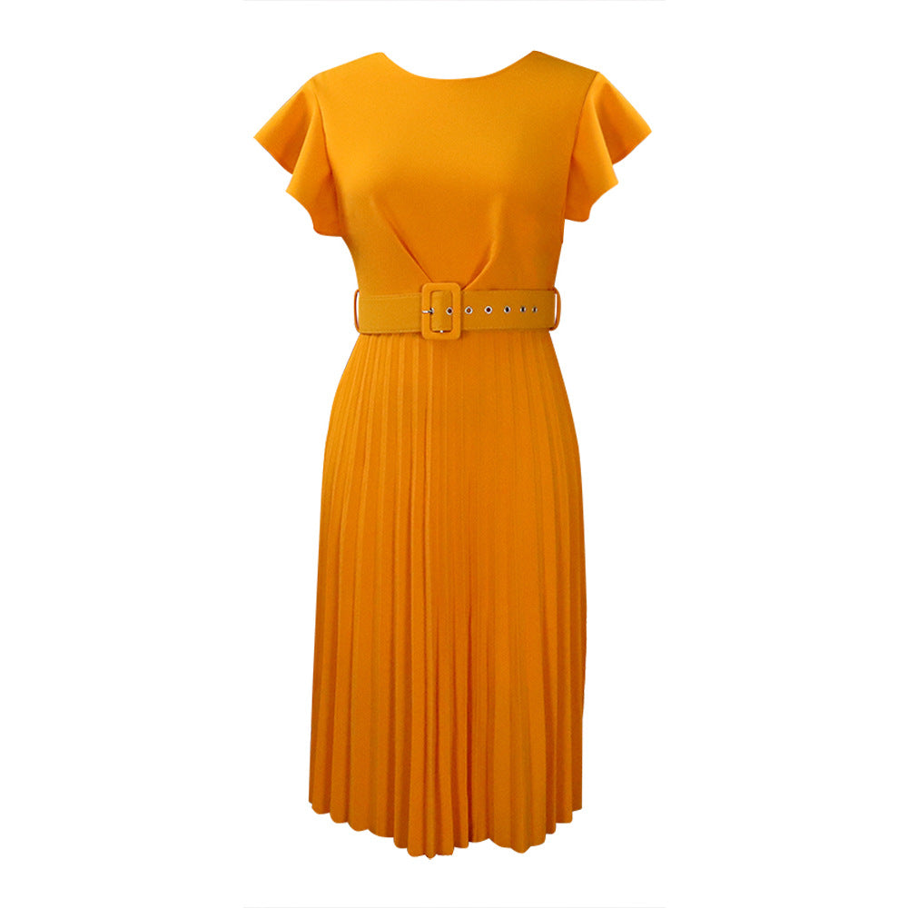 Damen Plissee-Kleid mit Faltenrock und Gürtel