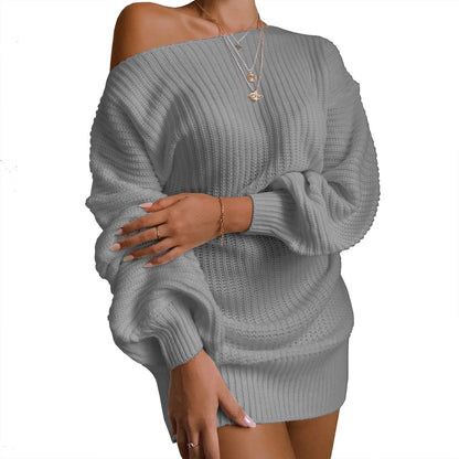 Damen Strickkleid Schulterfrei Voluminöse Ärmel Norvielle