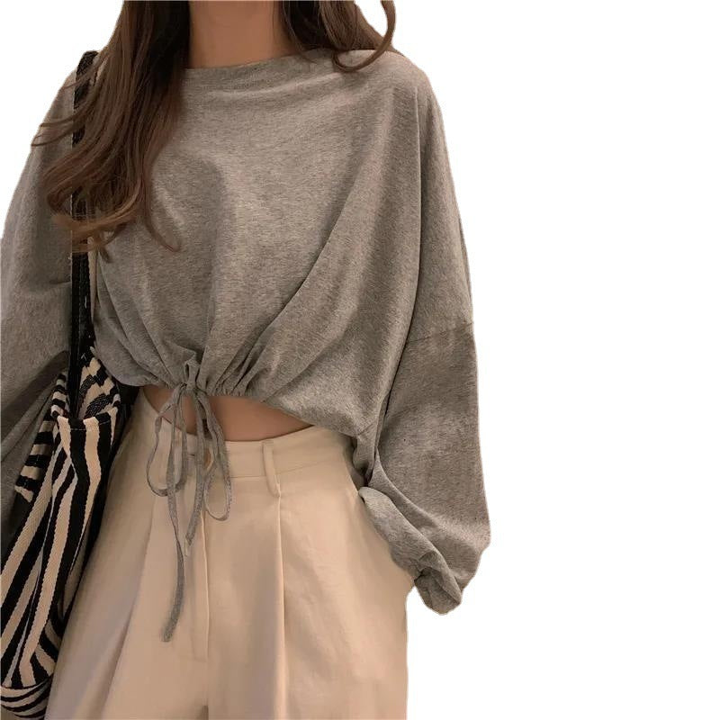 Damen Cropped Sweatshirt Oversized Ärmel Kordelzug Grau