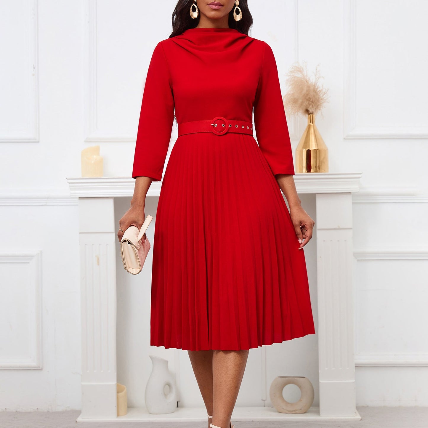 Damen Midikleid Plissee Tailliert Norvielle