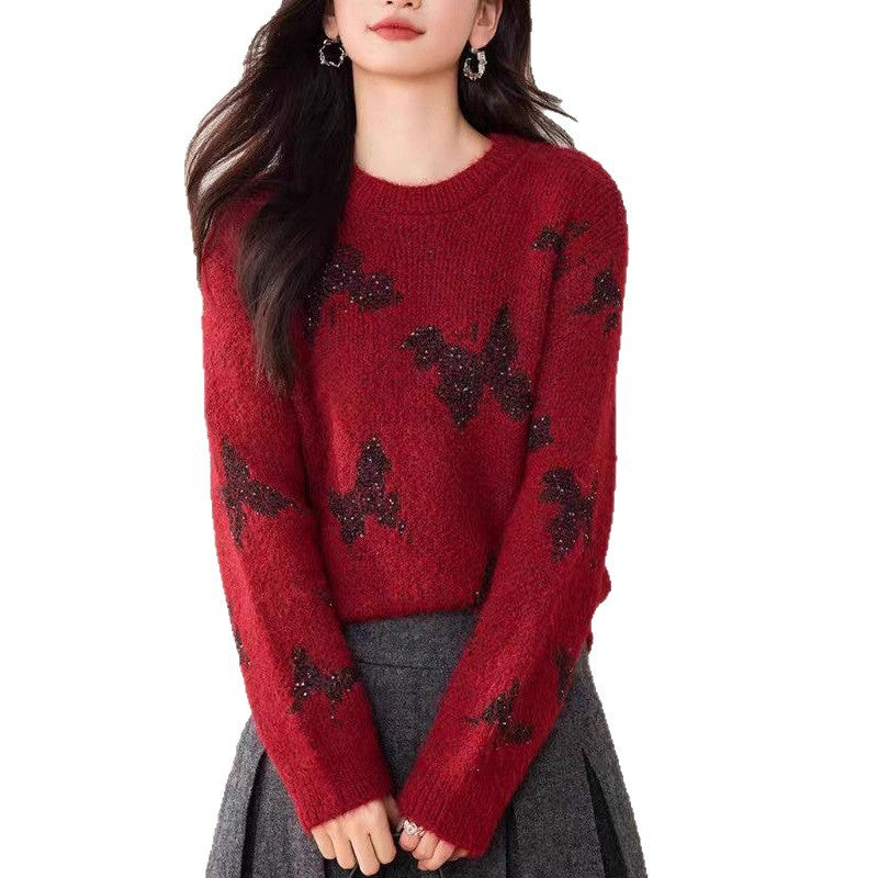 Damen Strickpullover Glitzernde Schmetterlingsapplikationen Norvielle