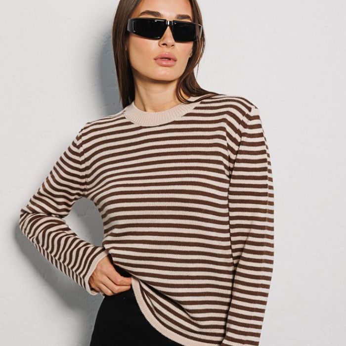 Damen Langarmpullover Weicher Baumwollmix Streifenmuster