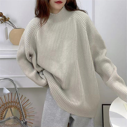 Damen Grobstrickpullover Hochkragen Strukturiertes Rippdesign