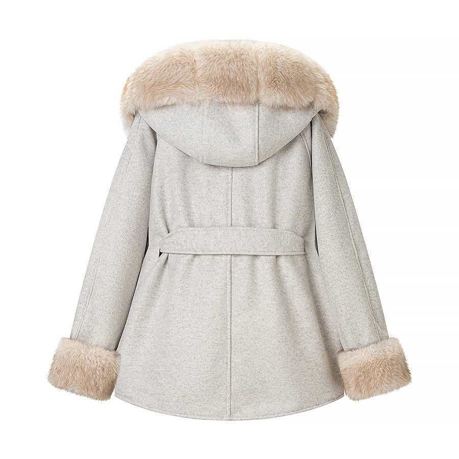 Damen Wolljacke mit Kapuze Teddyfutter Beige