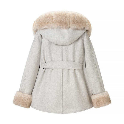 Damen Wolljacke mit Kapuze Teddyfutter Beige