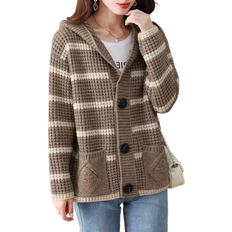 Damen Strickjacke Gestreift Kapuze Große Taschen