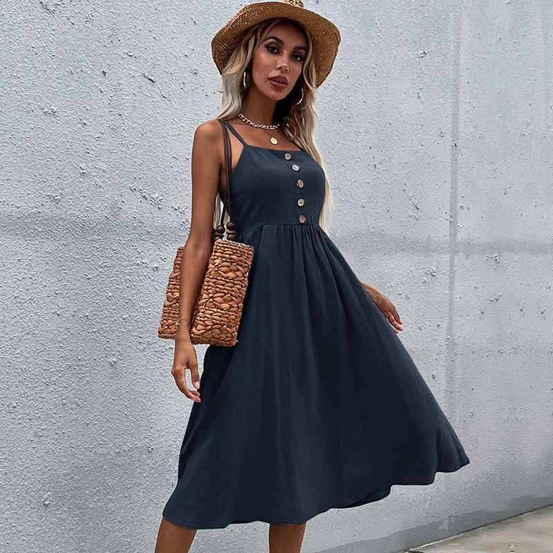 Damen Midi-Kleid Knopfleiste Verstellbare Träger Norvielle