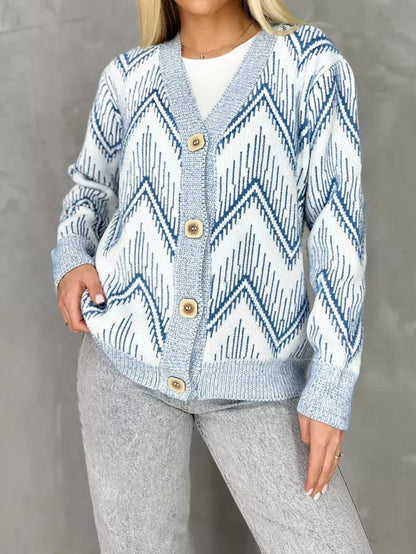 Damen Strickjacke Zigzag-Muster Knöpfe Beige