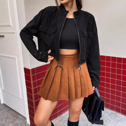 Damen Cordjacke Kurz Praktische Taschen Lässig