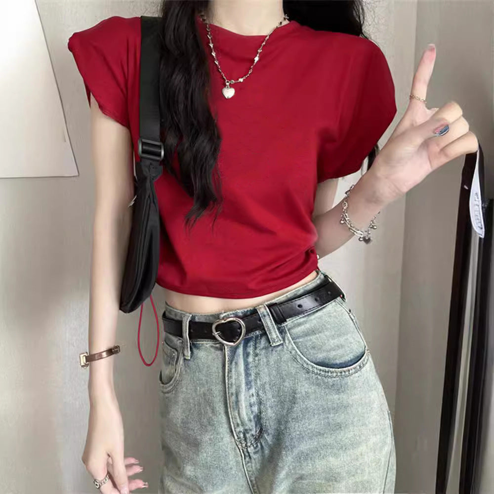 Damen T-Shirt Kurzarm Verstellbarer Kordelzug Puffärmel