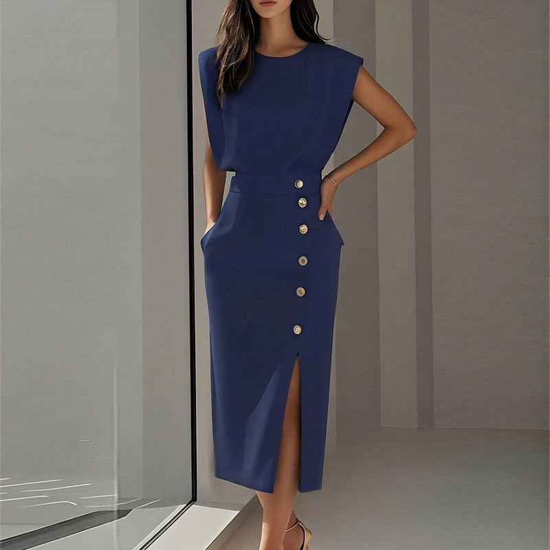 Damen Elegantes Midi-Kleid mit Knöpfen und Seitenschlitz Norvielle