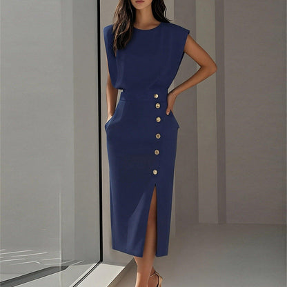Damen Elegantes Midi-Kleid mit Knöpfen und Seitenschlitz Norvielle